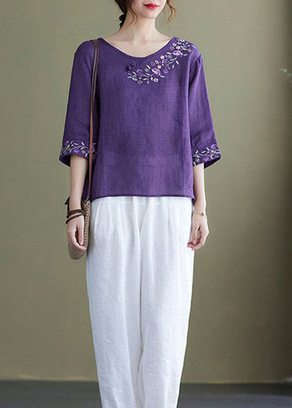 Diy Pink Flower Embroidered Side Open Half Sleeve Top