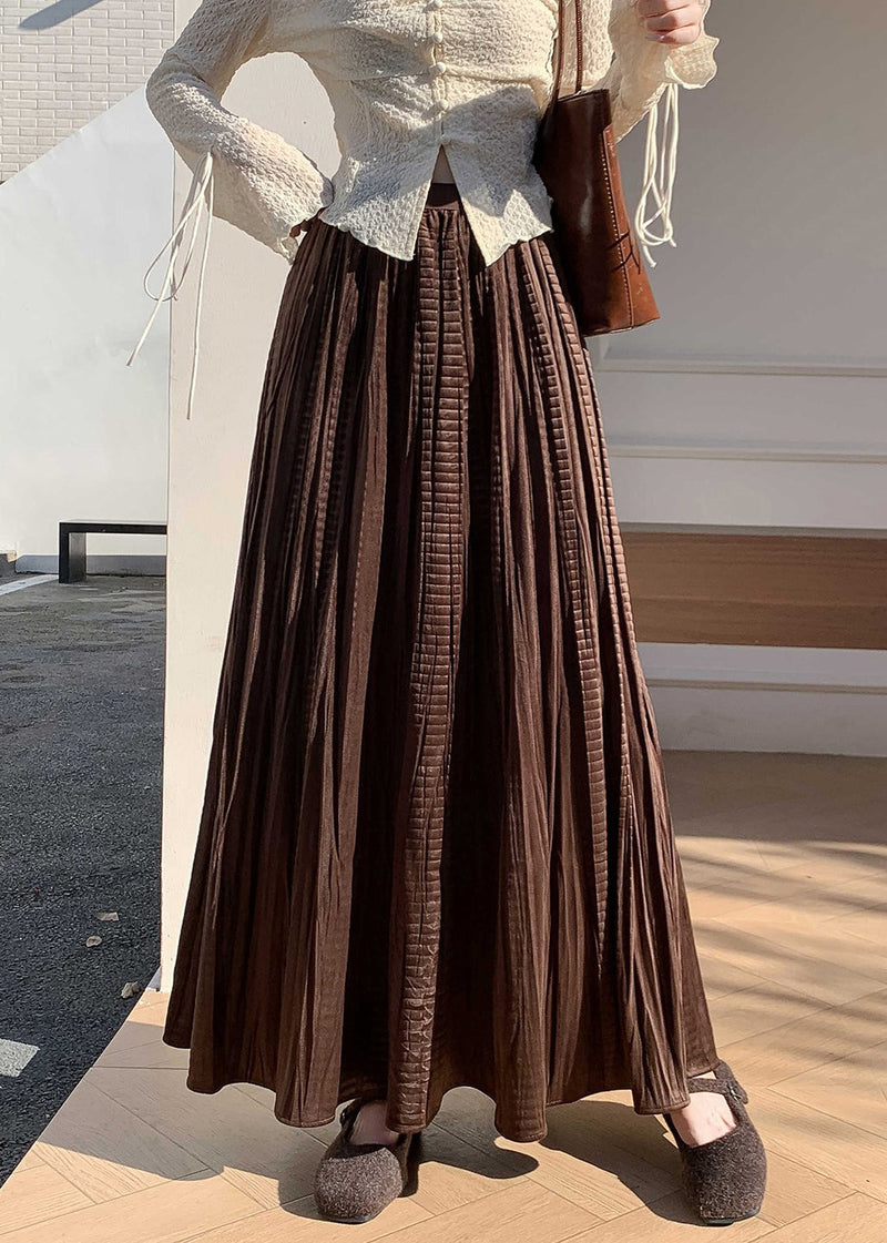 Coffee Wrinkled Elastic Waist Silk Velvet Skirt Winter