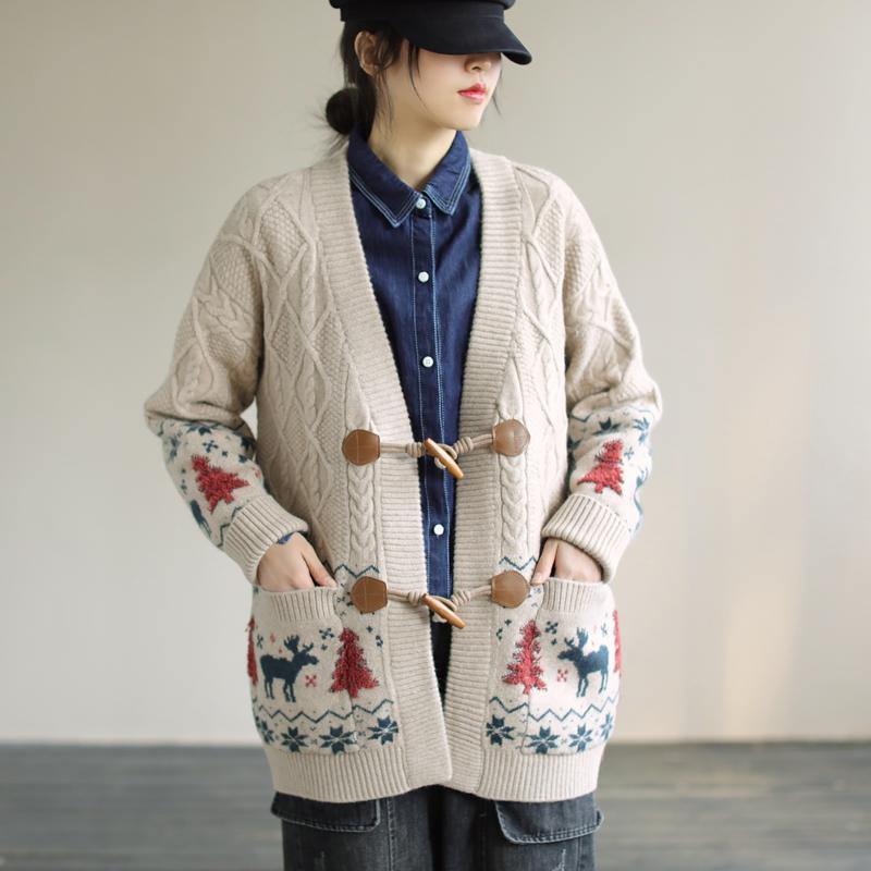For Work Spring Knit Sweat Tops Beige Deer Print Knitted Cardigans