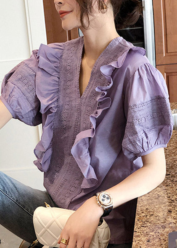 Purple V Neck Ruffled Patchwork Cotton Tops Lantern Sleeve