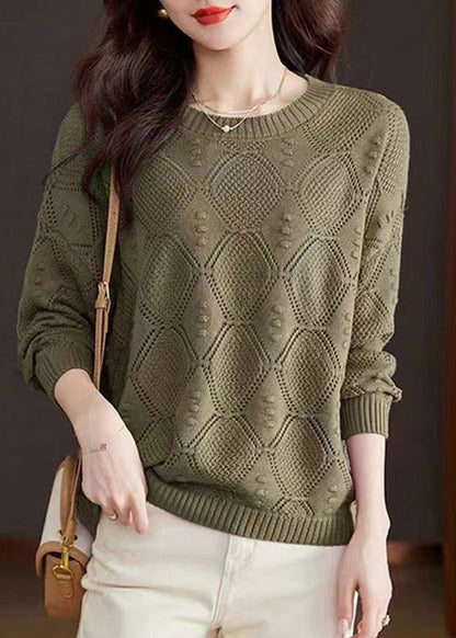Rose O-neck Hollow Out Cotton Knitted Sweaters Fall