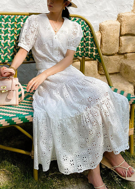 White V Neck Hollow Out Cotton Tops and Skirts Two Pieces Set Summer