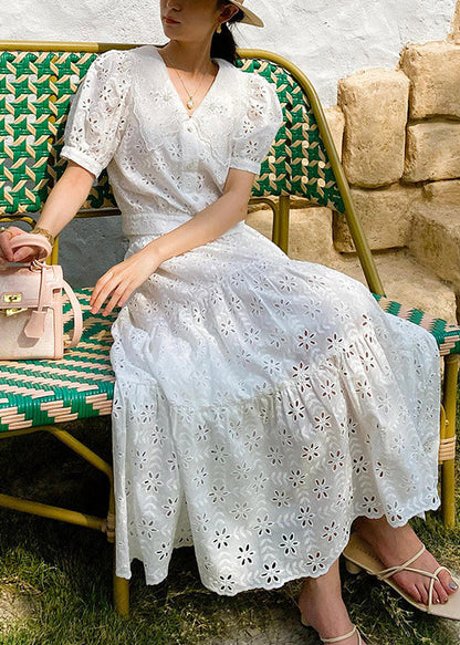 White V Neck Hollow Out Cotton Tops and Skirts Two Pieces Set Summer