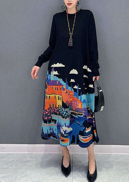 Black O-neck Print Knit Long Sweater Dresses Fall