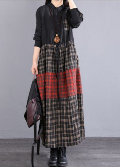 Chocolate Peter Pan Collar Button Tie Waist Plaid Linen Holiday Dress Long Sleeve
