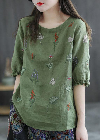 Pink Embroideried O-neck Half Sleeve Ramie Blouses Summer