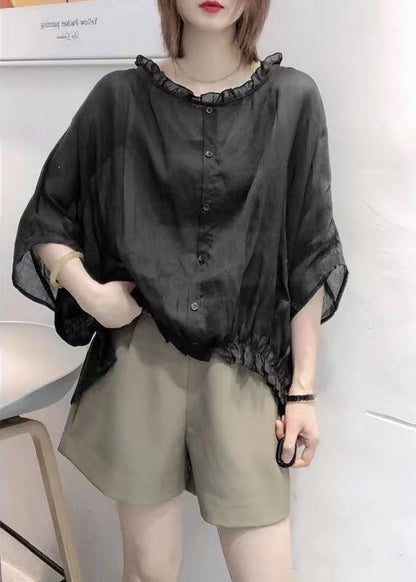 Art Navy Tops Ruffles Trim Half Sleeve Shirts Blouse
