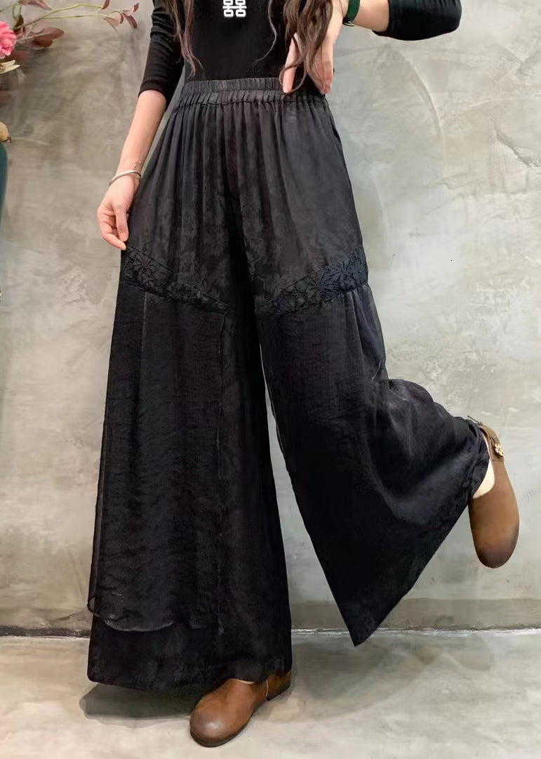 Black Embroidered Pockets Patchwork Linen Silk Pants Summer