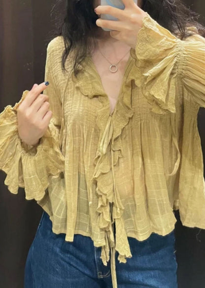 Diy Yellow V Neck Tie Lace Shirt Fall