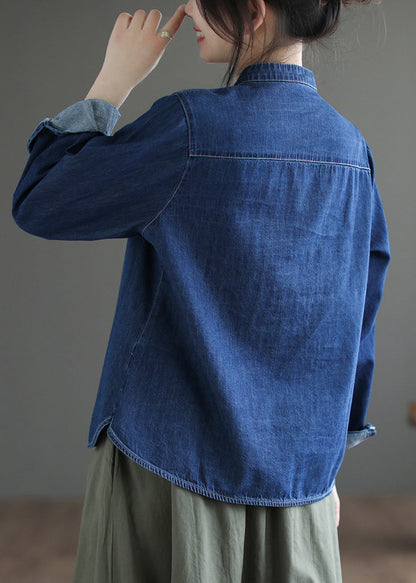 Boutique Navy O-neck Asymmetrical Patchwork Button Denim Shirt Spring