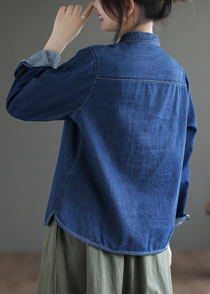 Boutique Navy O-neck Asymmetrical Patchwork Button Denim Shirt Spring