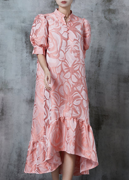 Pink Stand Collar Jacquard Silk Robe Dresses Summer