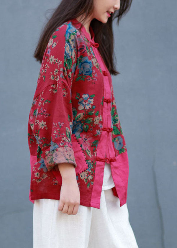 Red Stand Collar Patchwork Print Linen Blouses Spring