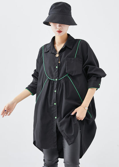 French Black Oversized Low High Design Cotton Shirt Dress Fall
