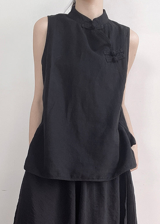 Black Stand Collar Button Cotton Vest Sleeveless