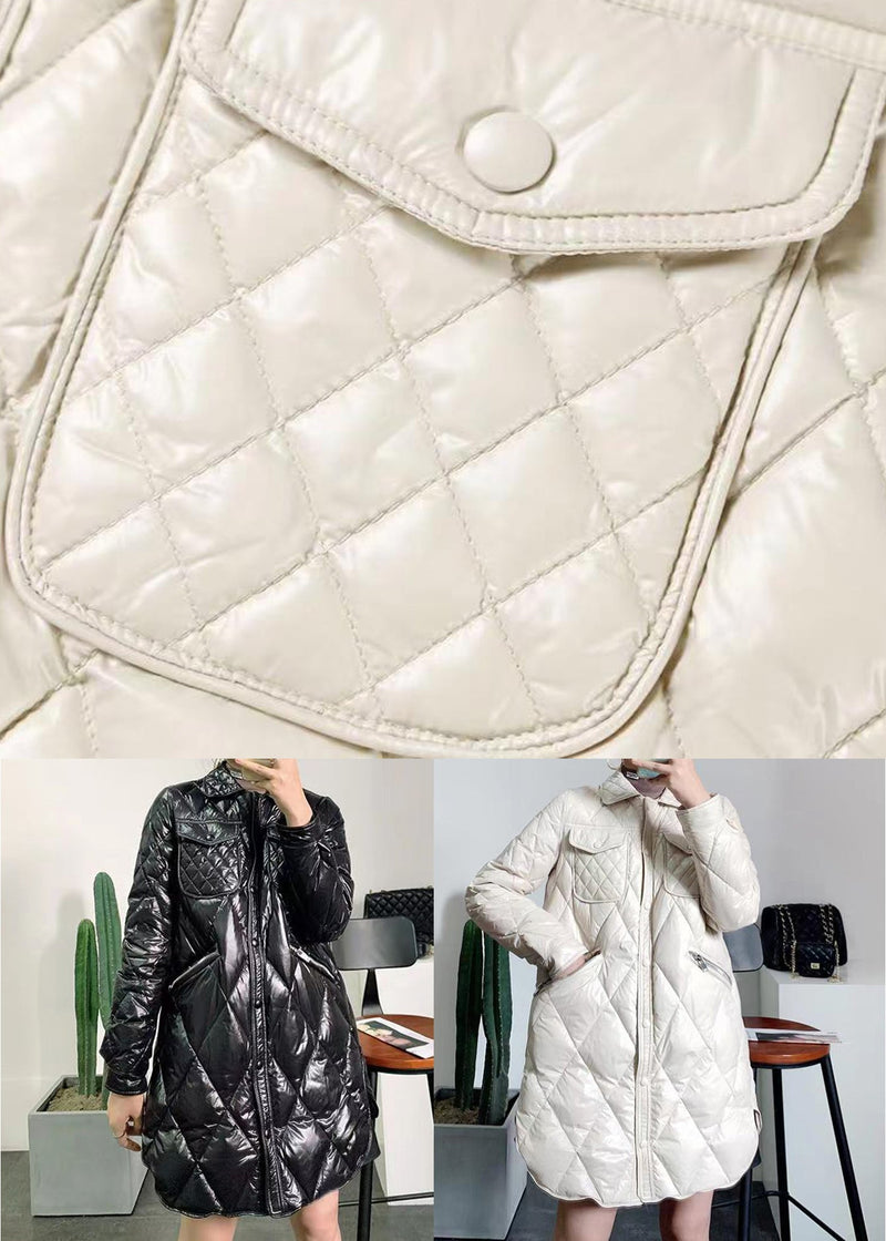 Beige Peter Pan Collar Pockets Patchwork Duck Down Coat Winter