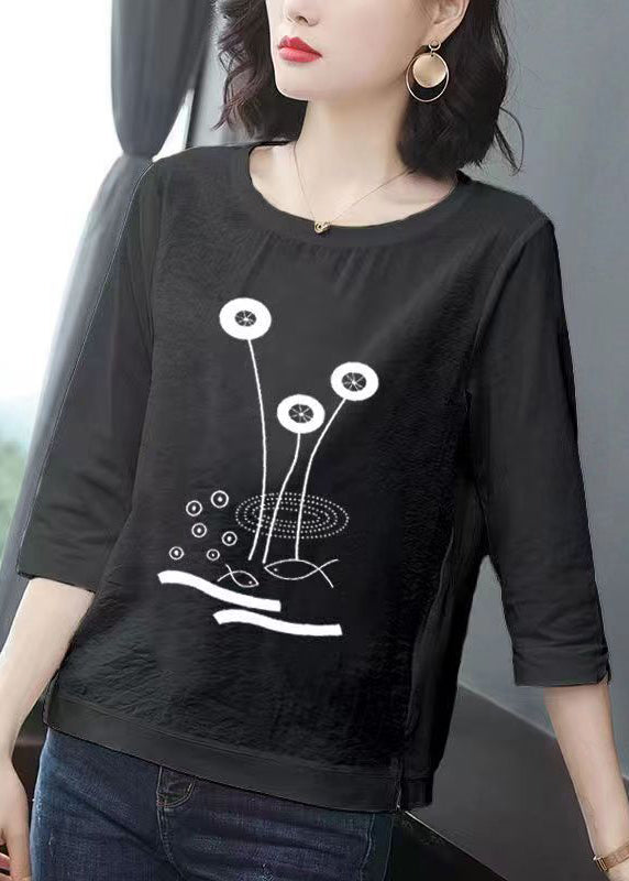 Black O Neck Print Patchwork Cotton T Shirt Bracelet Sleeve