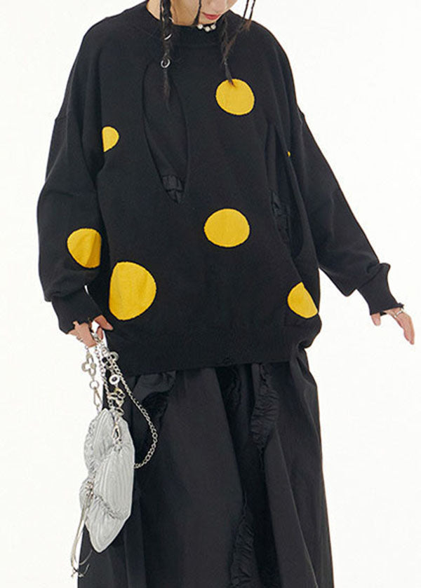 Yellow Dot O Neck Patchwork Knit Sweaters Tops Spring