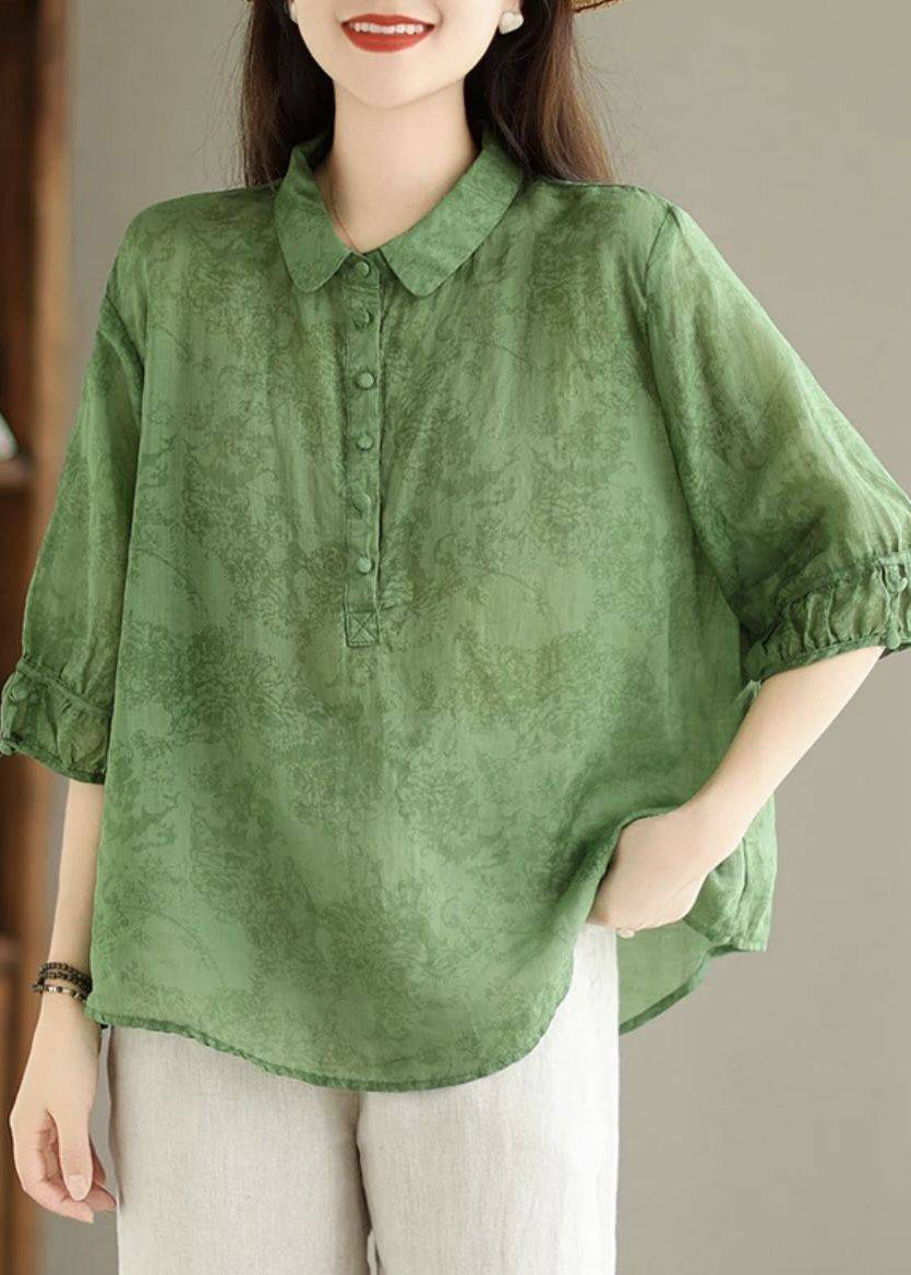 Navy Peter Pan Collar Print Cotton Shirt Top Summer
