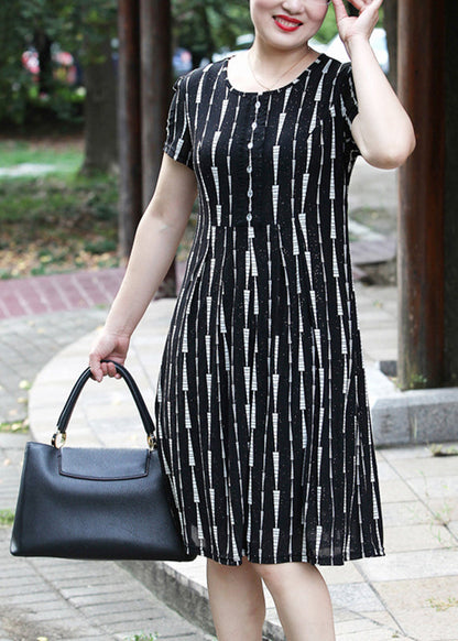 Yellow O-neck Striped Long Dress Short Sleeve