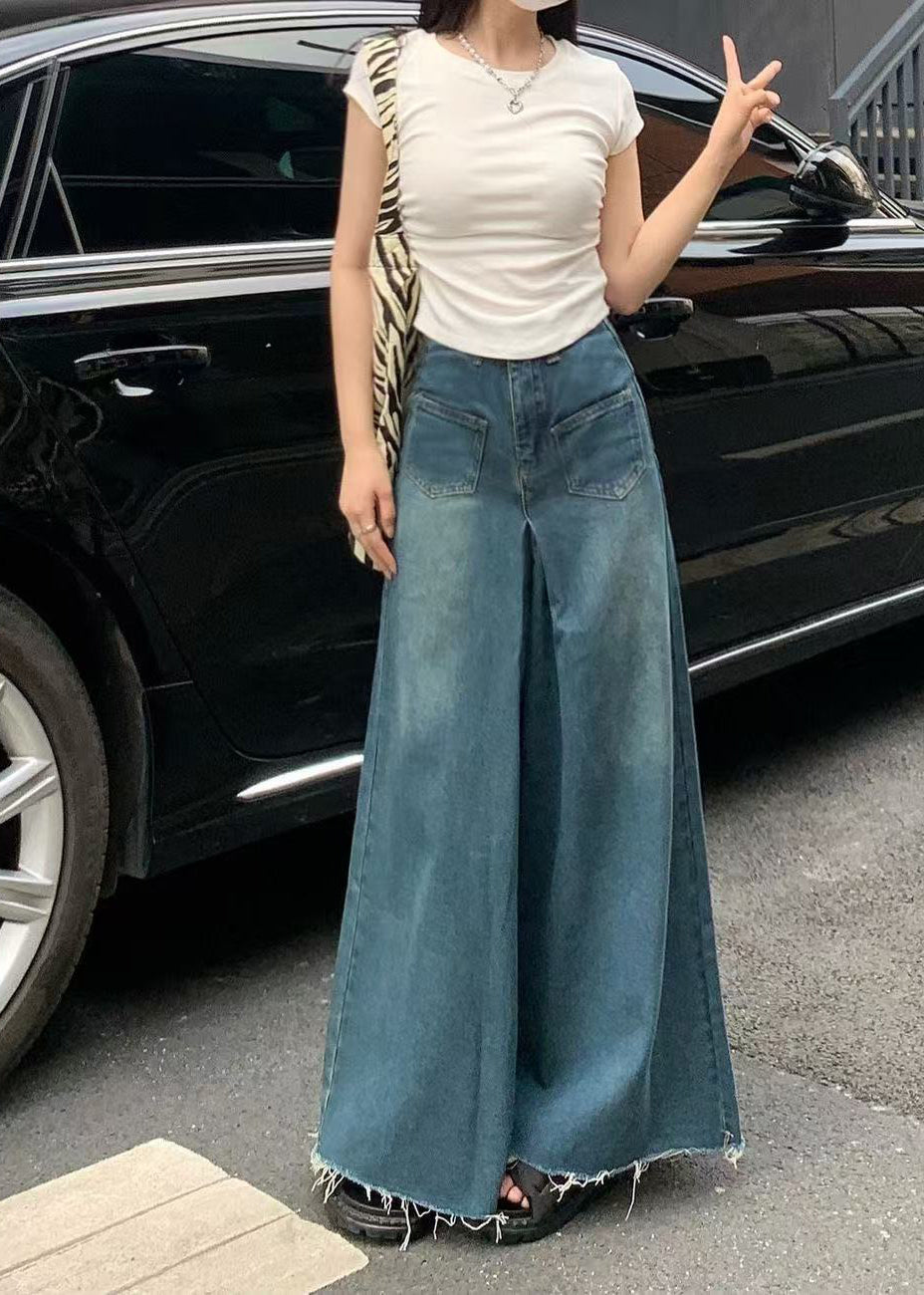 Navy Tasseled Denim Wide Leg Pants Skirts Fall