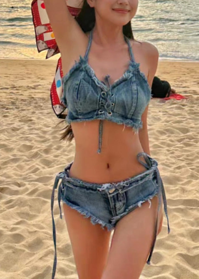 Denim Bluepatchwork Tie Waist Lingerie Set