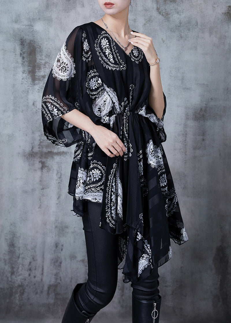 Black Asymmetrical Print Chiffon Shirt Summer
