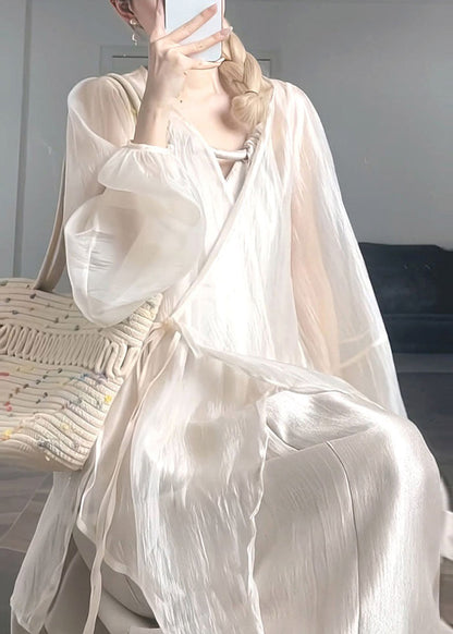 Apricot V Neck Lace Up Silk Two Pieces Set Spring