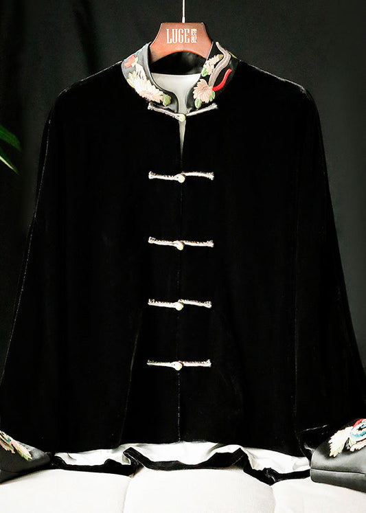 Chinese Style Black Stand Collar Embroideried Patchwork Velour Coats Long Sleeve