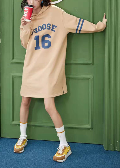 Classy Khaki Drawstring Print Side Open Sweatshirt Spring Dress