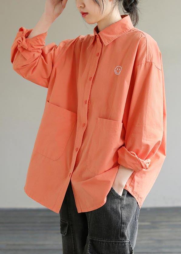 French Lapel Pockets Spring Clothes for Photography Orange Smiling Face Shirts