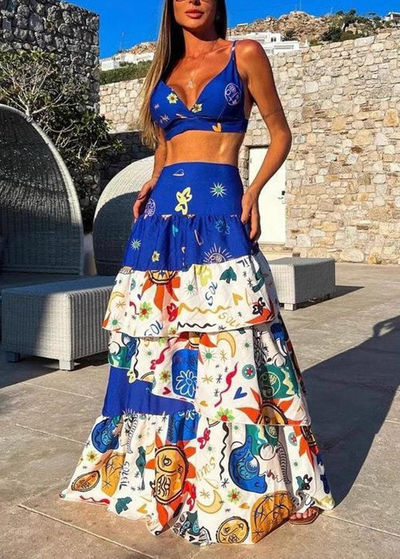 Blue Lingerie and Maxi Cake Skirts Two Pieces Set Summer