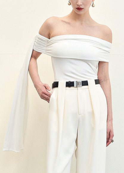 Slim Fit White Slash Neck Cotton Tops Sleeveless