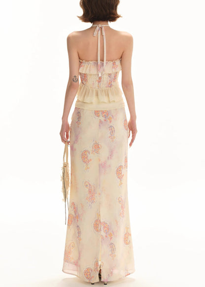Apricot Print Tank and Skirts Chiffon Two Pieces Set Sleeveless