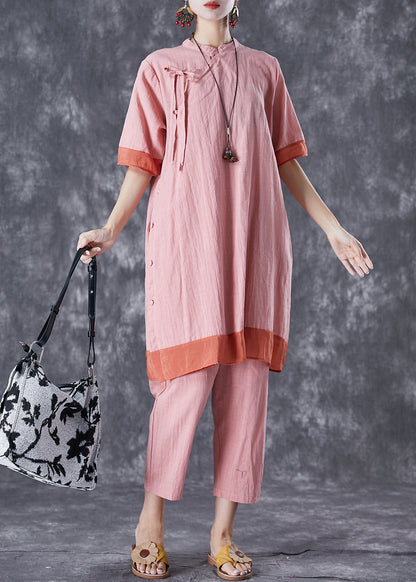 Pink Patchwork Lace Up Linen Dress and Pants Two Pieces Set Summer