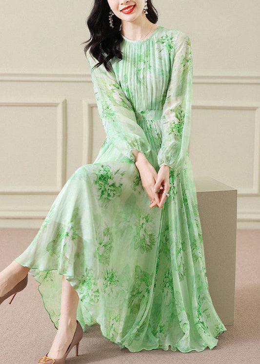 Green Wrinkled Print Chiffon Maxi Dress Long Sleeve