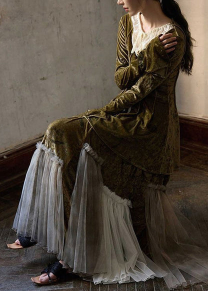 French Green Tulle Patchwork Tie Lace Silk Velvet Top and Maxi Skirts Two Piece Set Fall