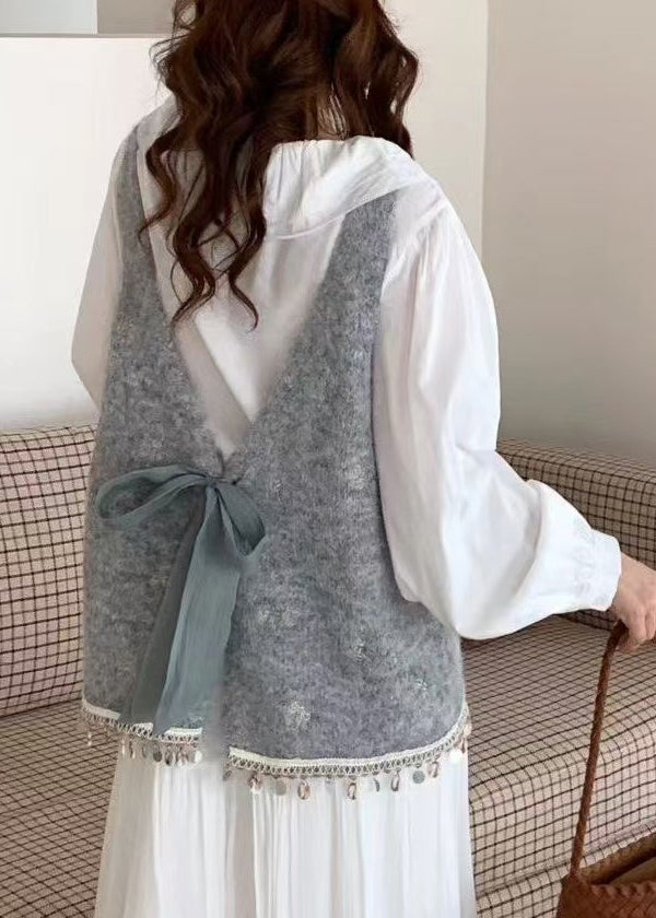 Blue Tasseled Bow Knitted Tops Spring