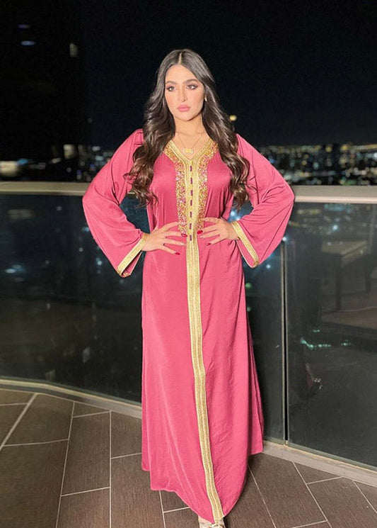 Rose V Neck Lace Patchwork Zircon Velour Maxi Dress Long Sleeve