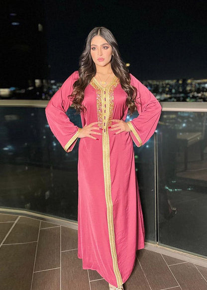Rose V Neck Lace Patchwork Zircon Velour Maxi Dress Long Sleeve