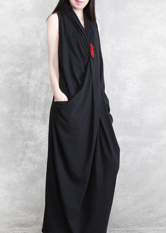 White V Neck Pockets Cotton Maxi Dresses Sleeveless