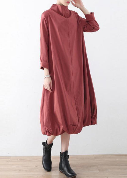 Natural Red Stand Asymmetrical Design Fall Cotton Long Dress