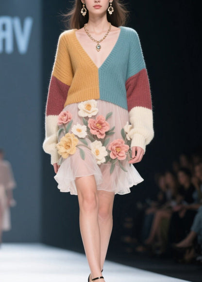 Style Colorblock V Neck Tulle Knit Sweater Dress Fall