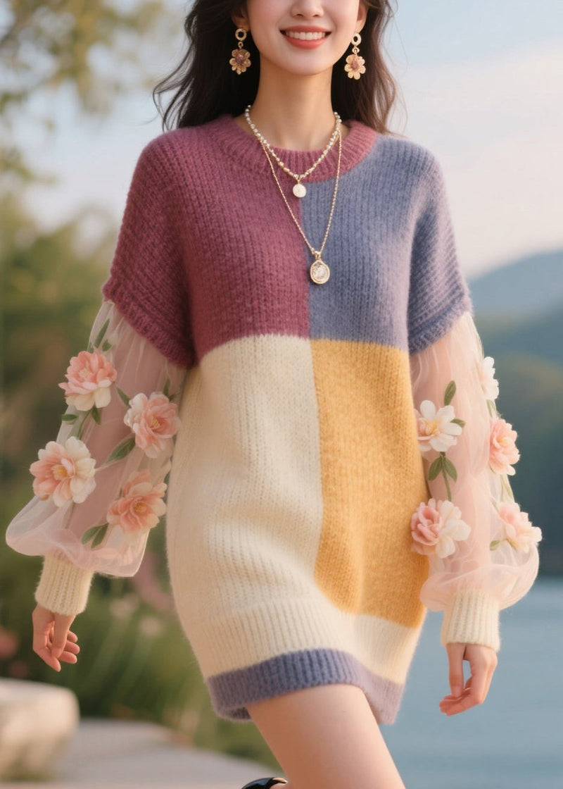 Art Colorblock O Neck Tulle Knitwear Dress Fall
