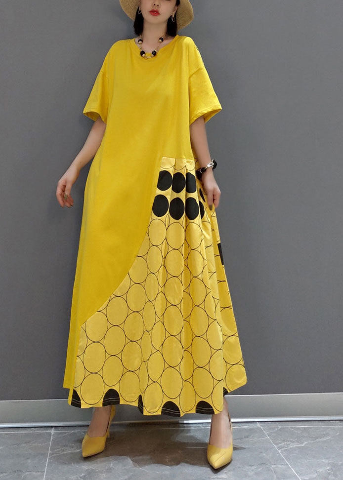 Italian Yellow O-neck Wrinkled Patchwork Maxi Dresses Spring