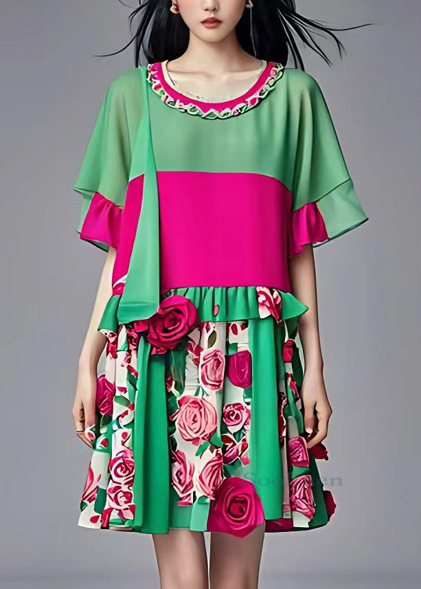 French Green O-neck Ruffled Patchwork Chiffon Mid Dress Summer