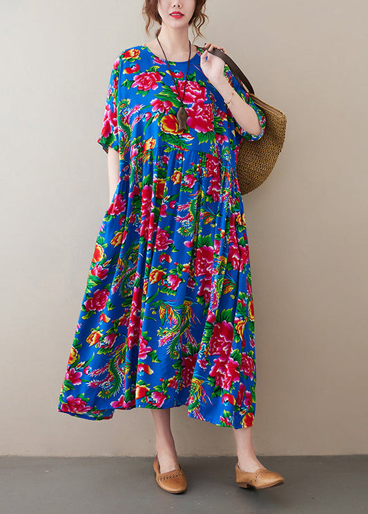 Blue O-neck Wrinkled Print Long Dress Short Sleeve