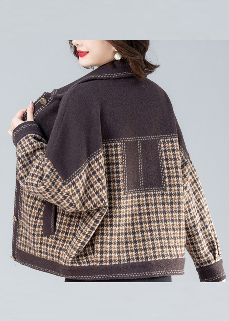 Camel Peter Pan Collar Print Patchwork Coats Long Sleeve