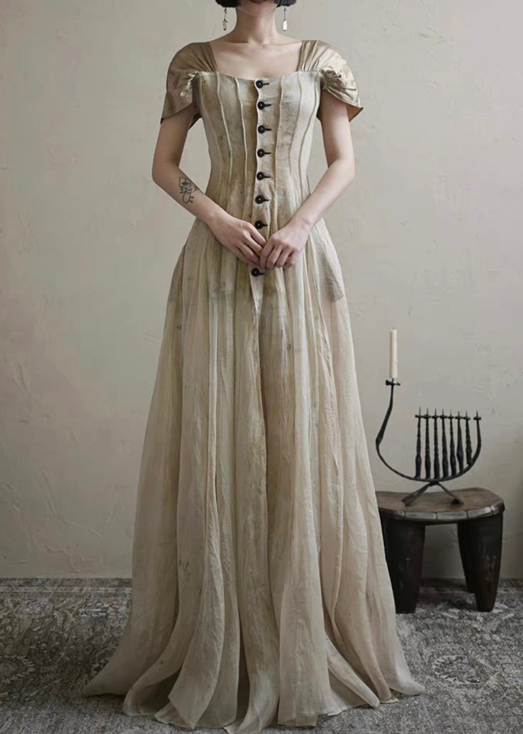 Square Collar Button Long Dress Summer