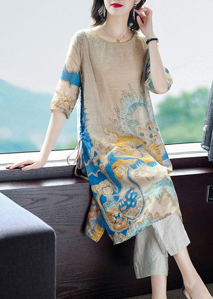 Drawstring Side Open Print Linen Long Tops Half Sleeve